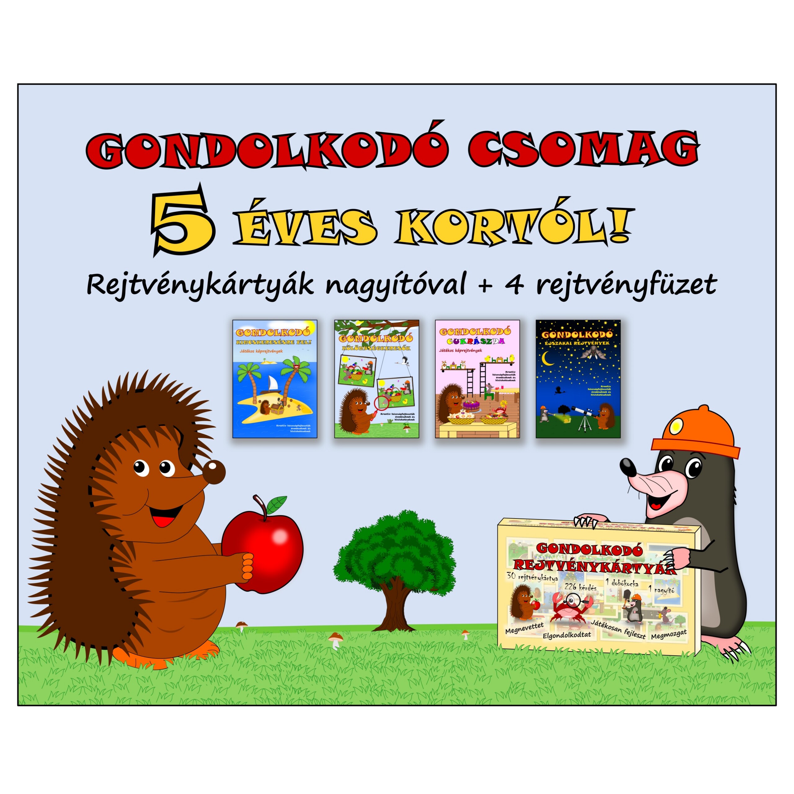 Gondolkodó Csomag 5 Éves Kortól! - Rejtvénykártyák Nagyítóval+ 4 Rejtvényfüzet